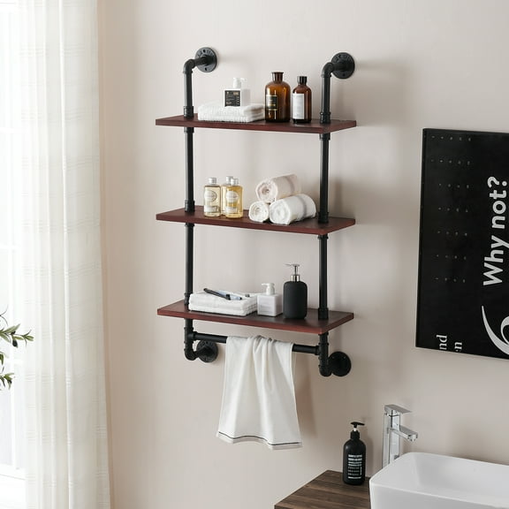 MCombo Industrial Pipe Bathroom Wall Mounted Shelf, Solid Wood 3-tier brown 24'' x 9.84'' x 42.1''