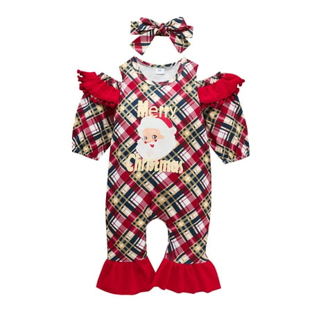 

Christmas Baby Jumpsuit Long Sleeve Ruffle Bell-Bottom Romper Bodysuit+Headband