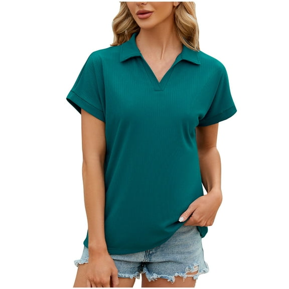 Fesfesfes Basic Tees for Women Women Fashion Turndown Collar Short Sleeve Shirt Casual Loose Shirt Tops Womens T Shirt L(US:8)