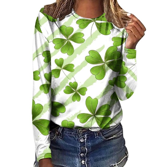 Pompotops T-shirts Décontractés à Manches Longues pour Femmes Imprimé St. Patrick Col Rond Chandail Tops Liquidation