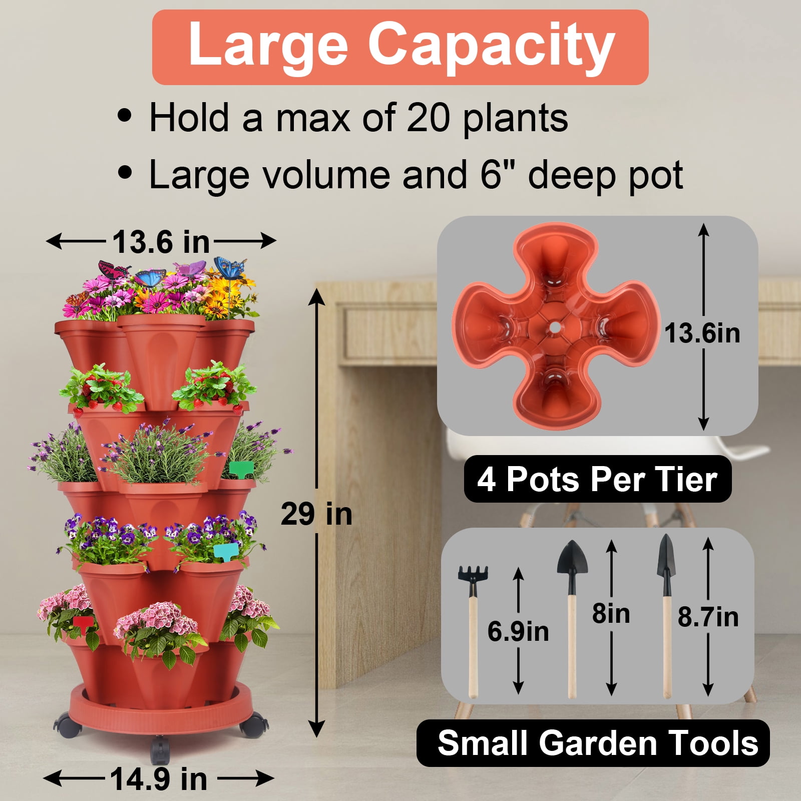 Strawberry Planter, 5 Tier Stackable Gaden Tower for Flowers, Vegetables, Grow Your Own Herb Garden Vertical Oasis of Vegetables and Succulents,Red