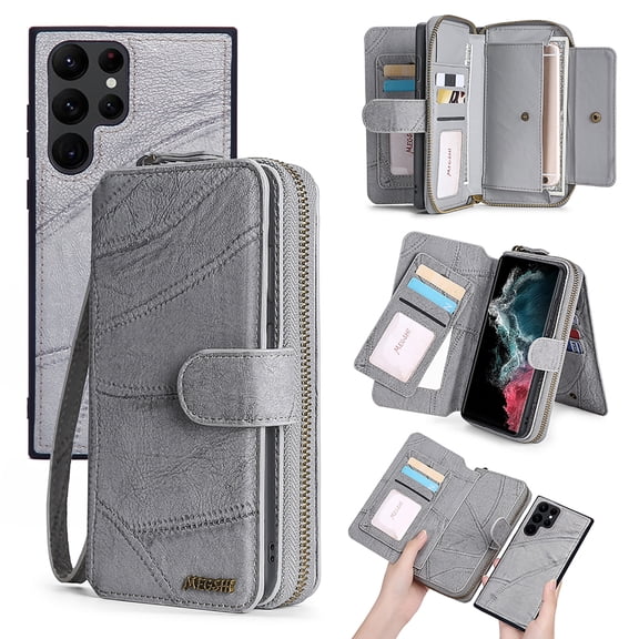 for Samsung Galaxy S26 Ultra Multi-Function Wallet Case, with Wrist Strap, Premium PU Leather 2 in 1 Magnetic Detachable Purse 14 Card Holder Slots Zipper Pocket Phone Case for Women Men,Gray