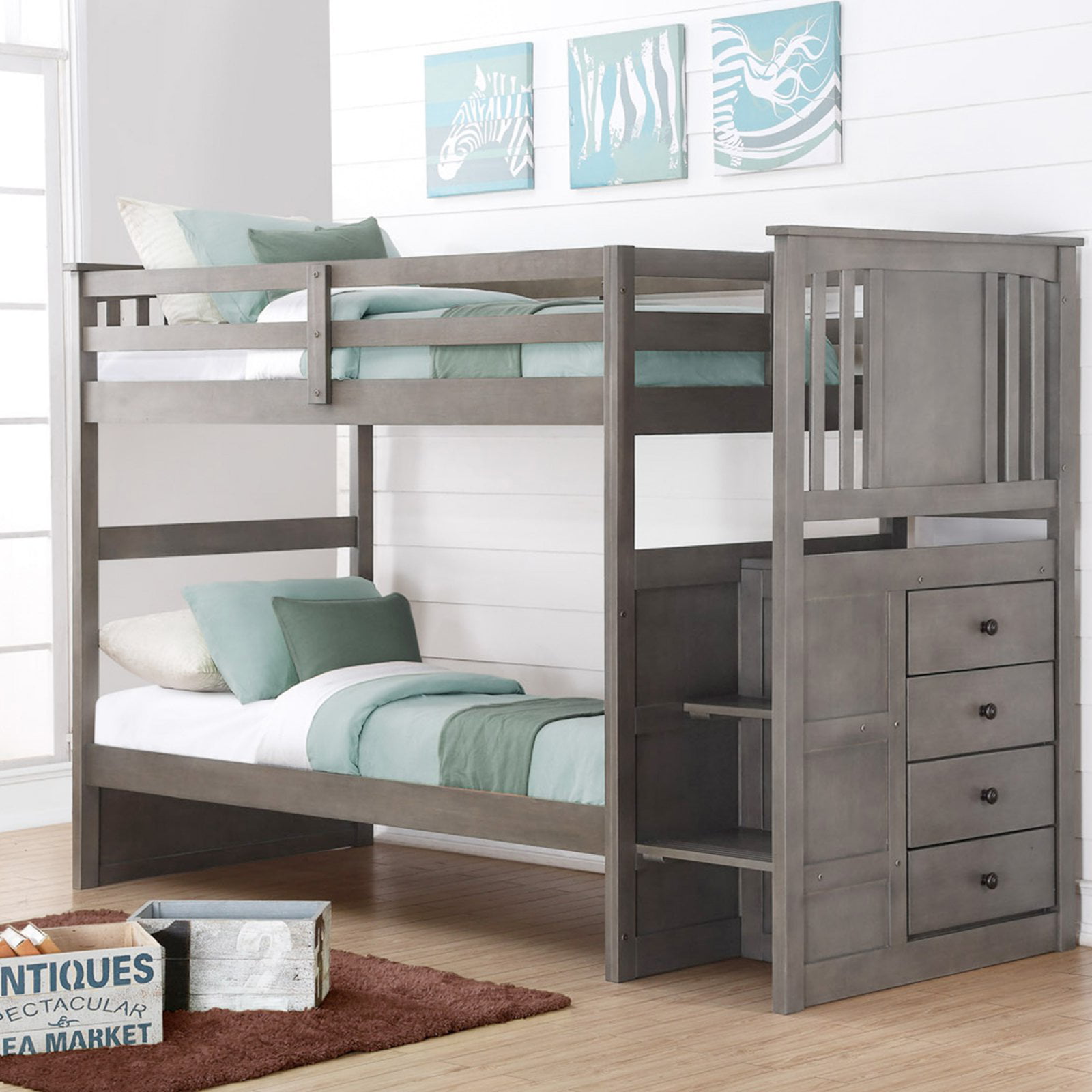 Donco Kids Twin Over Stairway Bunk, Grey Bunk Bed With Stairs