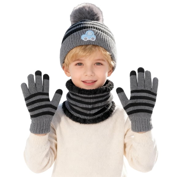 Kid Winter Hat Neck Warmer Glove Set, Warm Lining Beanie Hats Knitted Cap for 2-8 Years Girls Boys
