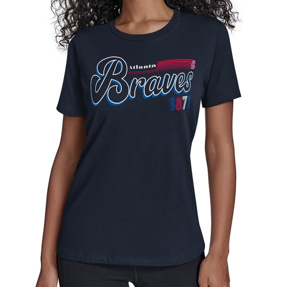 Women's Starter  Navy Atlanta Braves Groovy Script Team Fitted T-Shirt