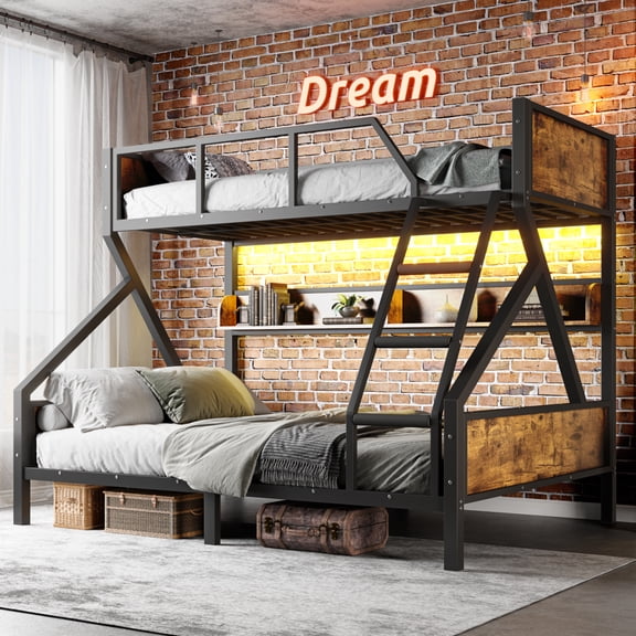 Twin XL over Queen Bunk Bed, Metal Bunk Bed with Storage Shelves and Lights, Space-saving & Noise-free Design, Woodgrain