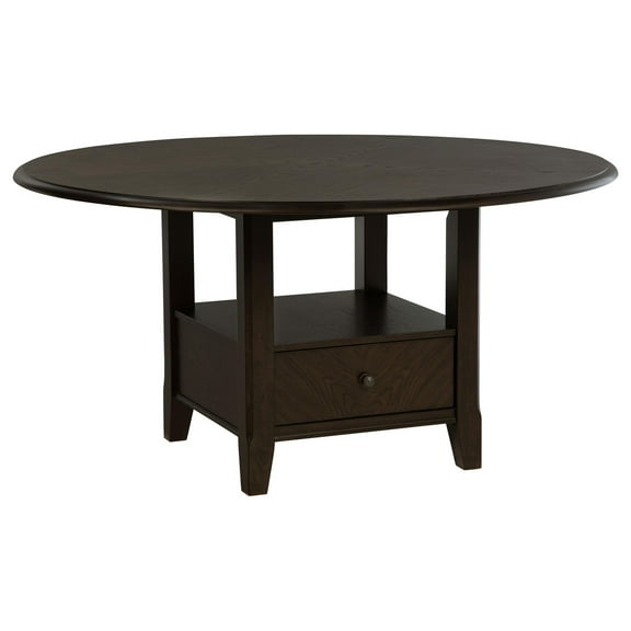 Tipa Round Dining Table with Drawer and Shelf, Dark Cocoa Wood 60 Inch
