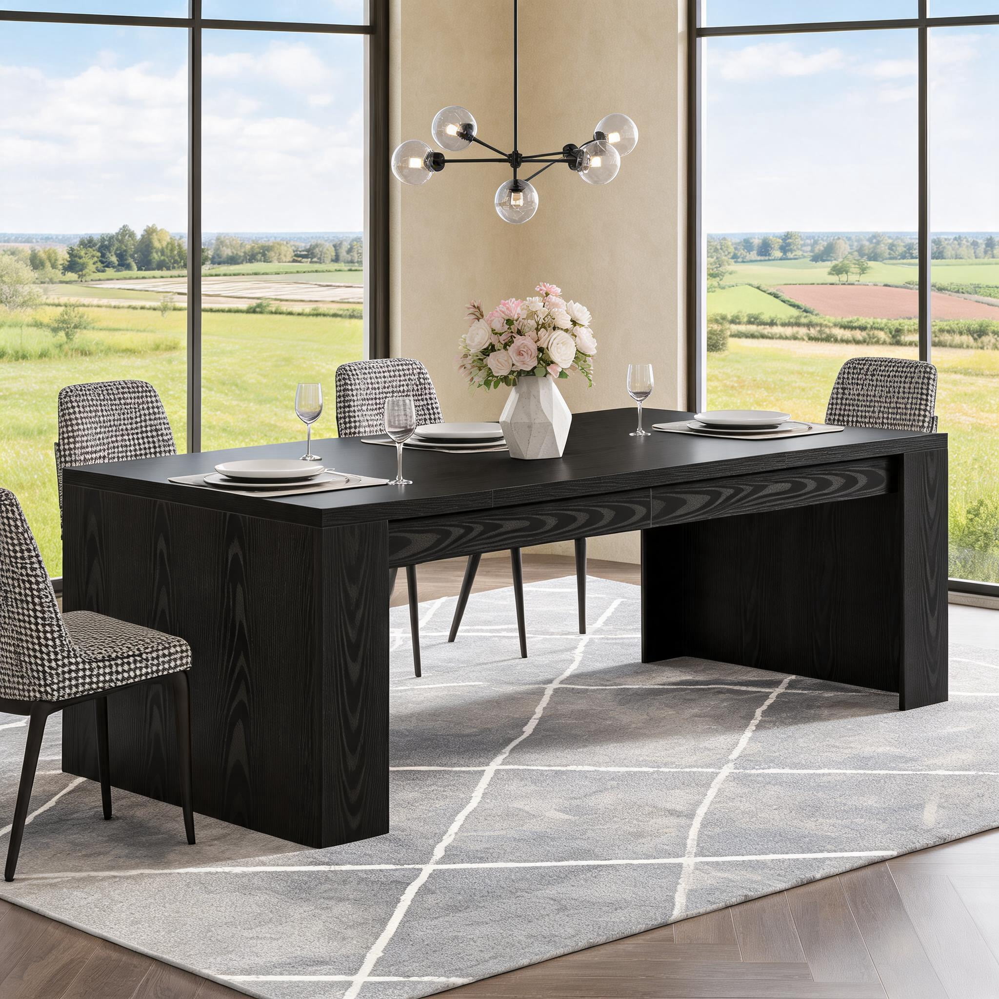 Fnova 70.9" Farmhouse Dining Table for 6-8 People, Large Wood Rectangle Sturdy Kitchen Table Modern Dining Room Furniture, Black