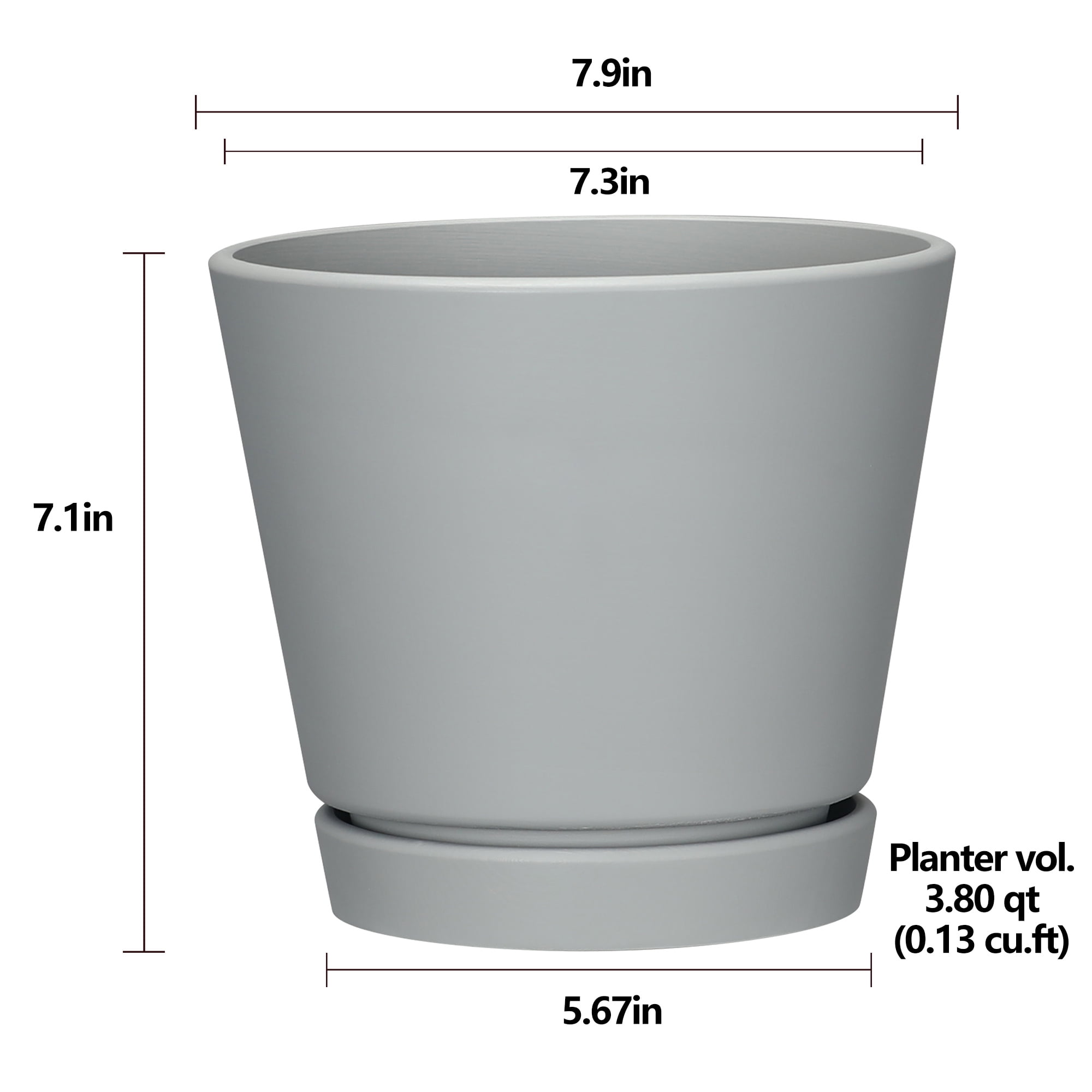 Mainstays Recycled Resin Planter Attached Saucer, Gray, 8in x 8in x 7.2in