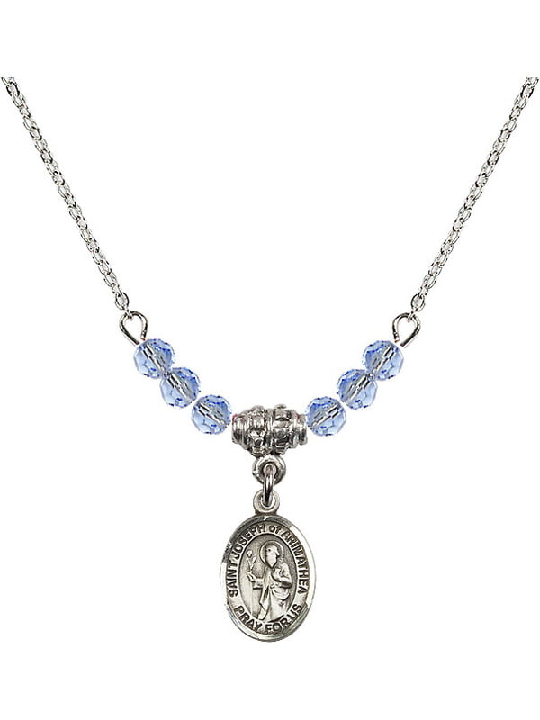 18-Inch Rhodium Plated Necklace with 4mm Aqua Birthstone Beads and Sterling Silver Saint Joseph Charm.
