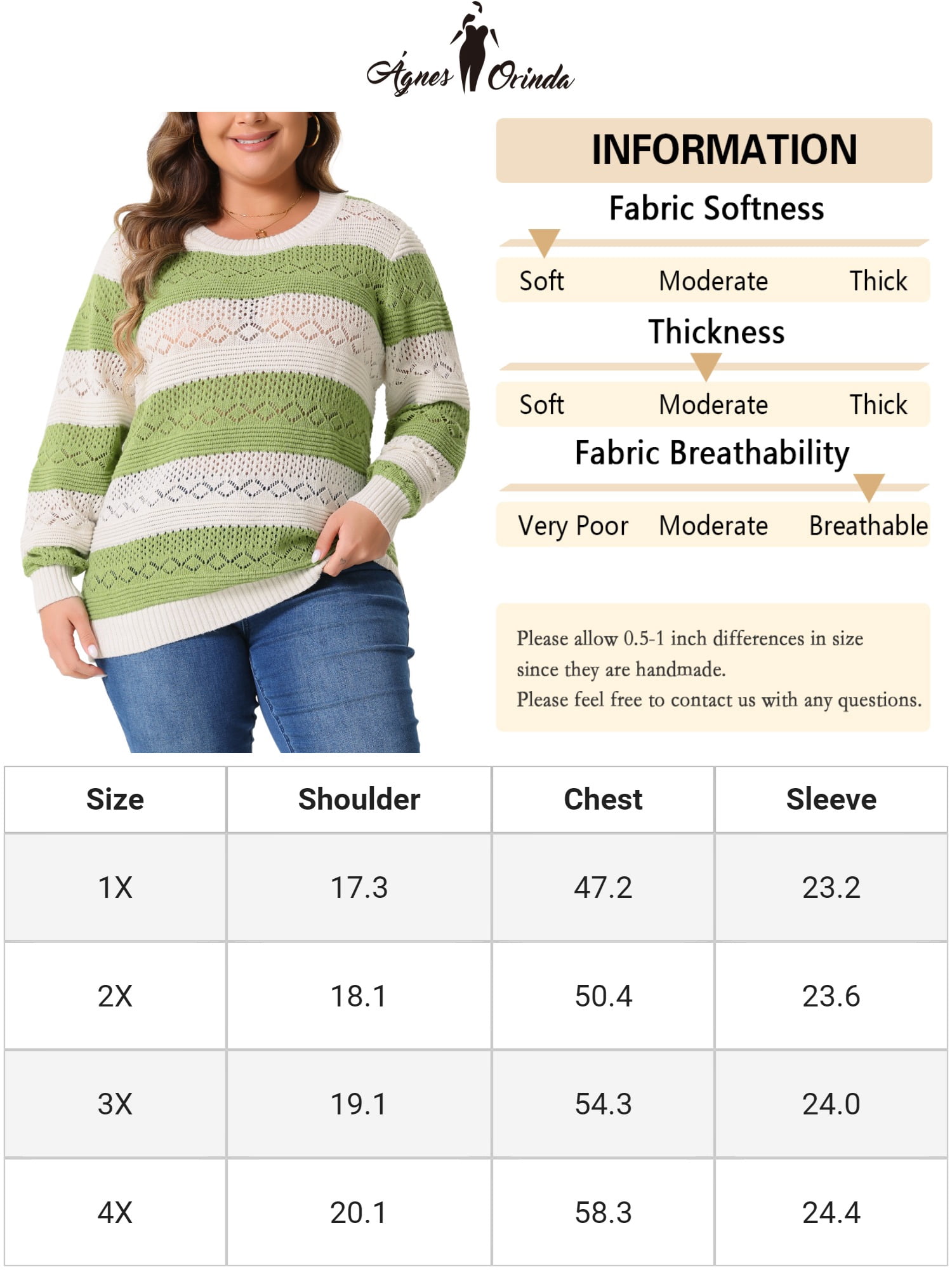 DARING DIVA Plus Size Long Sleeve Crewneck Hollow Knit Pullover 2X Green White