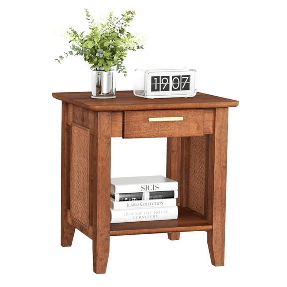 Gymax Boho Style Nightstand 3-Tier Sofa Side End Table w/ Drawer & Shelf Walnut