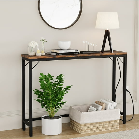 Faitaliicy Skinny Console Table Narrow Sofa Table With Power Outlets & USB Ports Industrial Entryway Table Metal Frame Behind Couch Table With Charging Station For Living Room Hallway Foyer