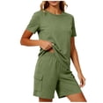 thumbnail image 6 of Women's 2 Piece Home Wear Crew Neck Short Sleeve Tops Elastic Waist Pockets Shorts Summer Comfy Lounge Sets (XL, Army Green), 6 of 6
