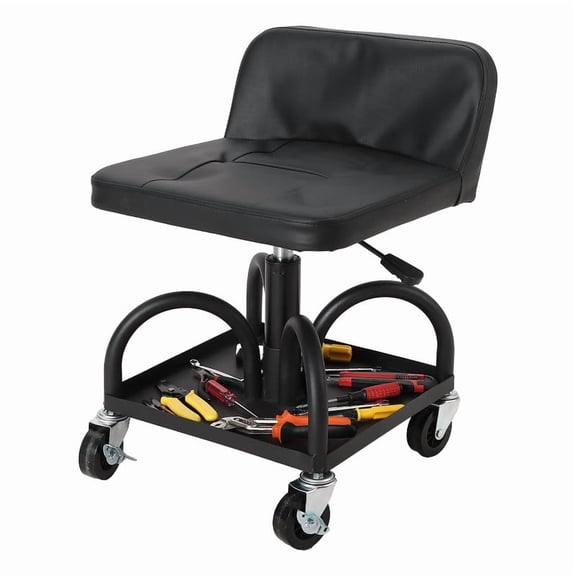 Towallmark 15.7"-20.5" Rolling Shop Stool, 300LB Capacity Heavy Duty Mechanic Seat With Tool Tray, 3 Inch Locking Swivel Wheels, Adjustable Height, Soft Cushion, Black