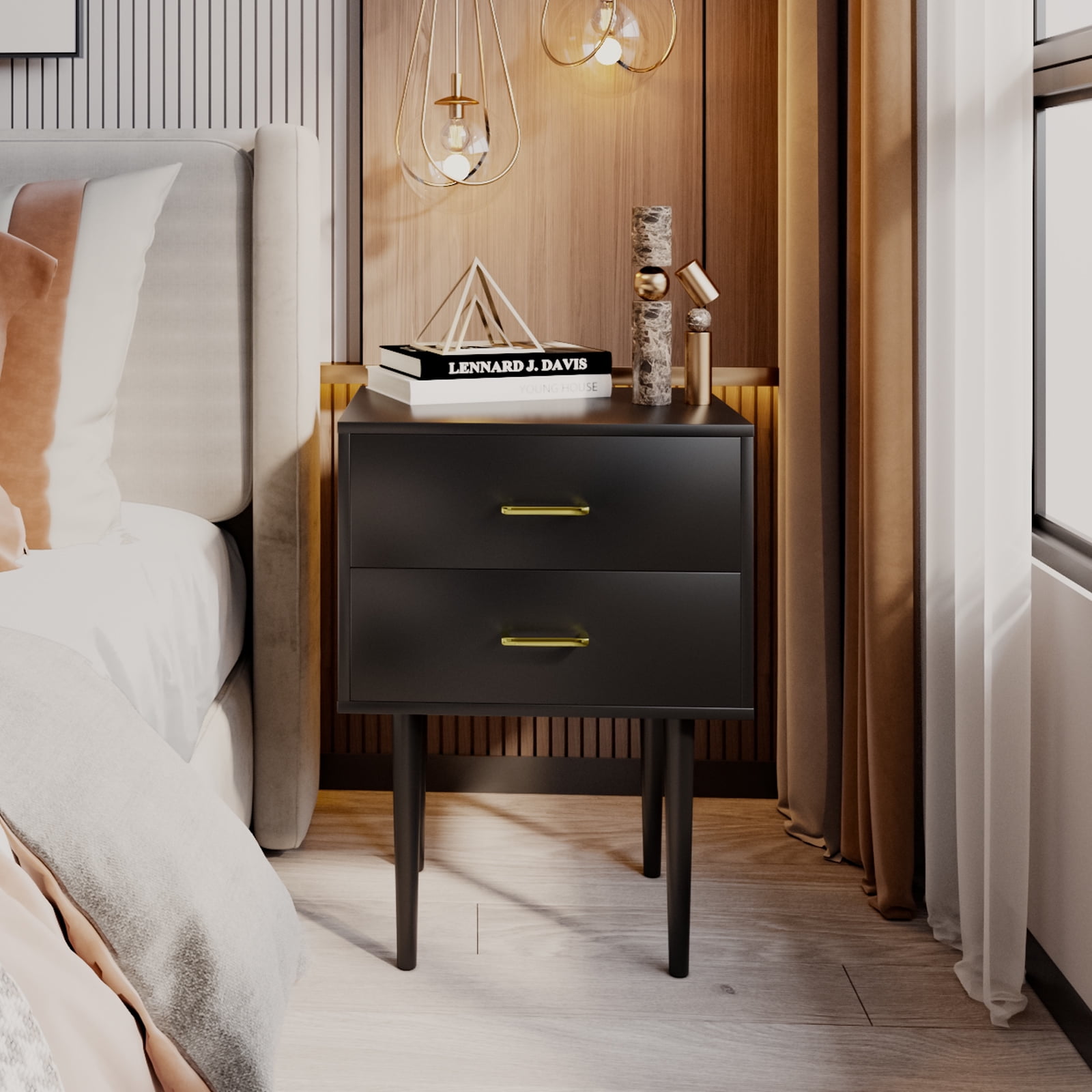 Smuxee Modern Nightstand with 2 Drawers for Bedroom, Black Finish