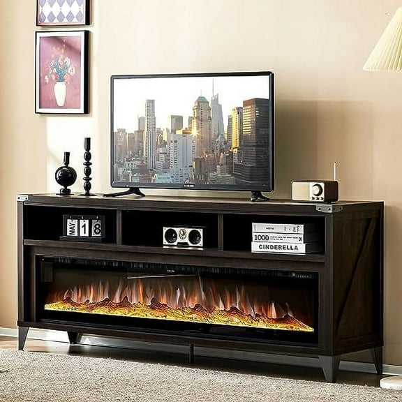 Merluxy 65" Fireplace TV Stand with 60" Glass Electric Fireplace for TVs up to 75", Espresso