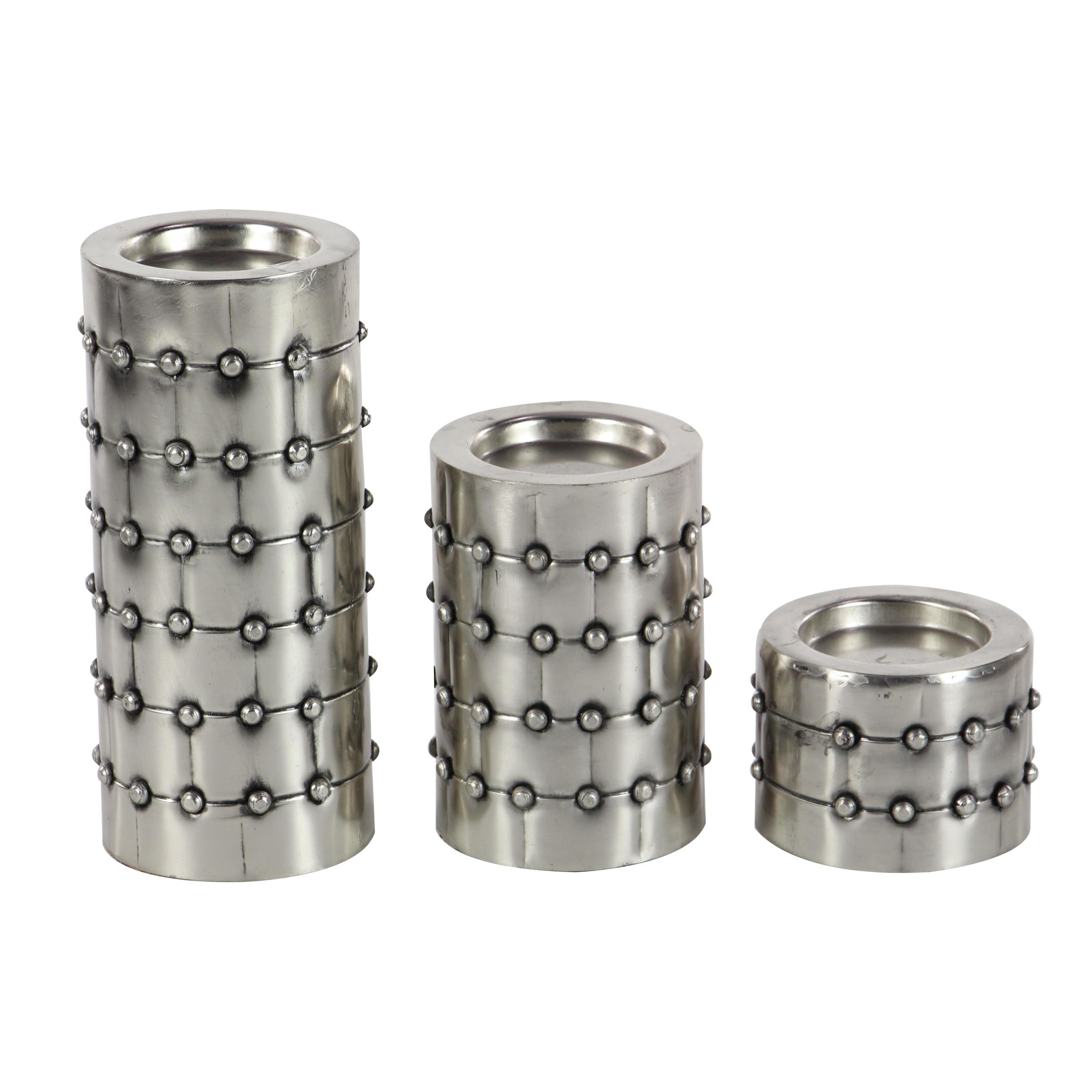 DecMode 3 Candle Silver Metal Handmade Pillar Candle Holder with Studs, Set of 3