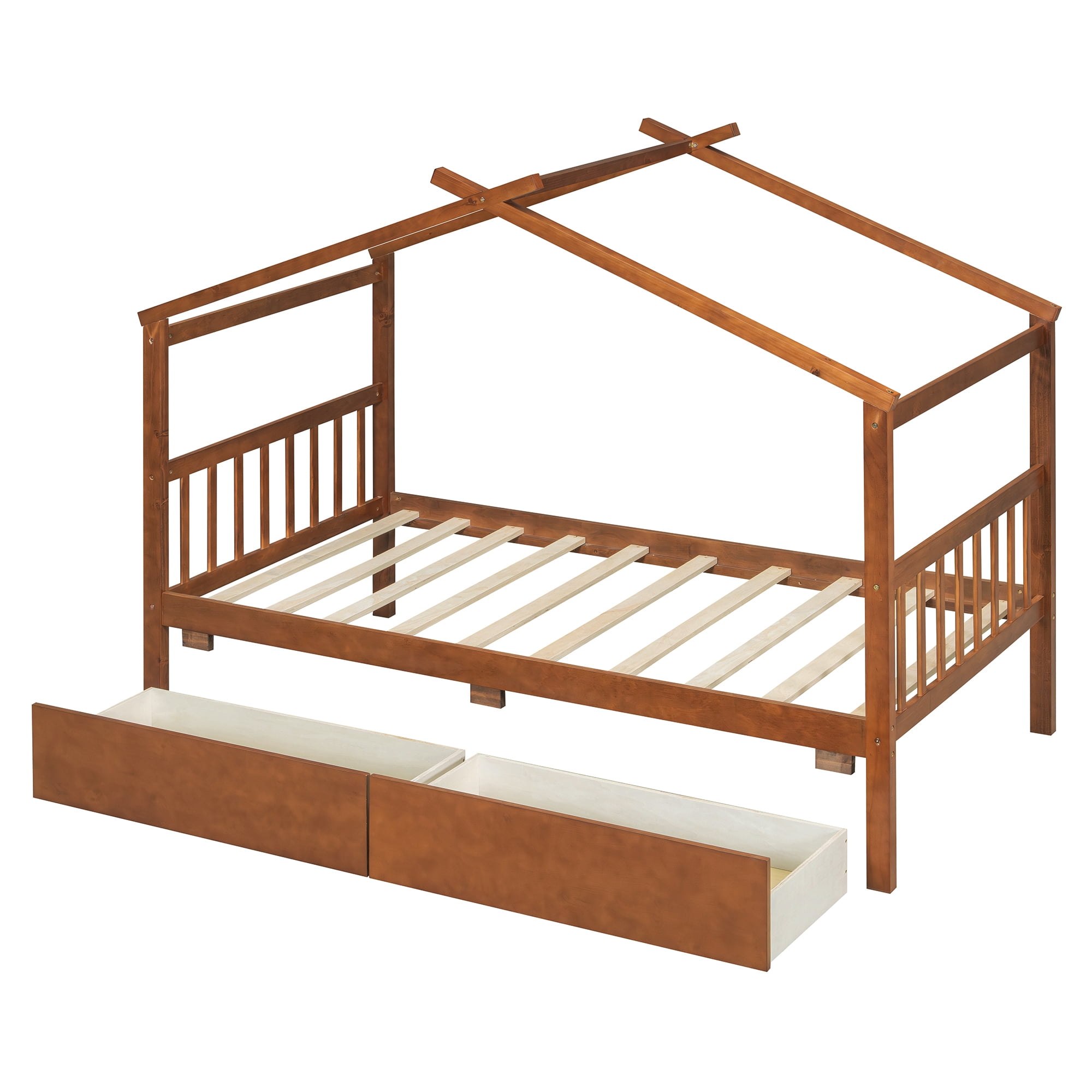Aukfa Twin Size House Bed with Two Storage Drawers for Kids, Solid Wood Montessori Bed Frame, Walnut