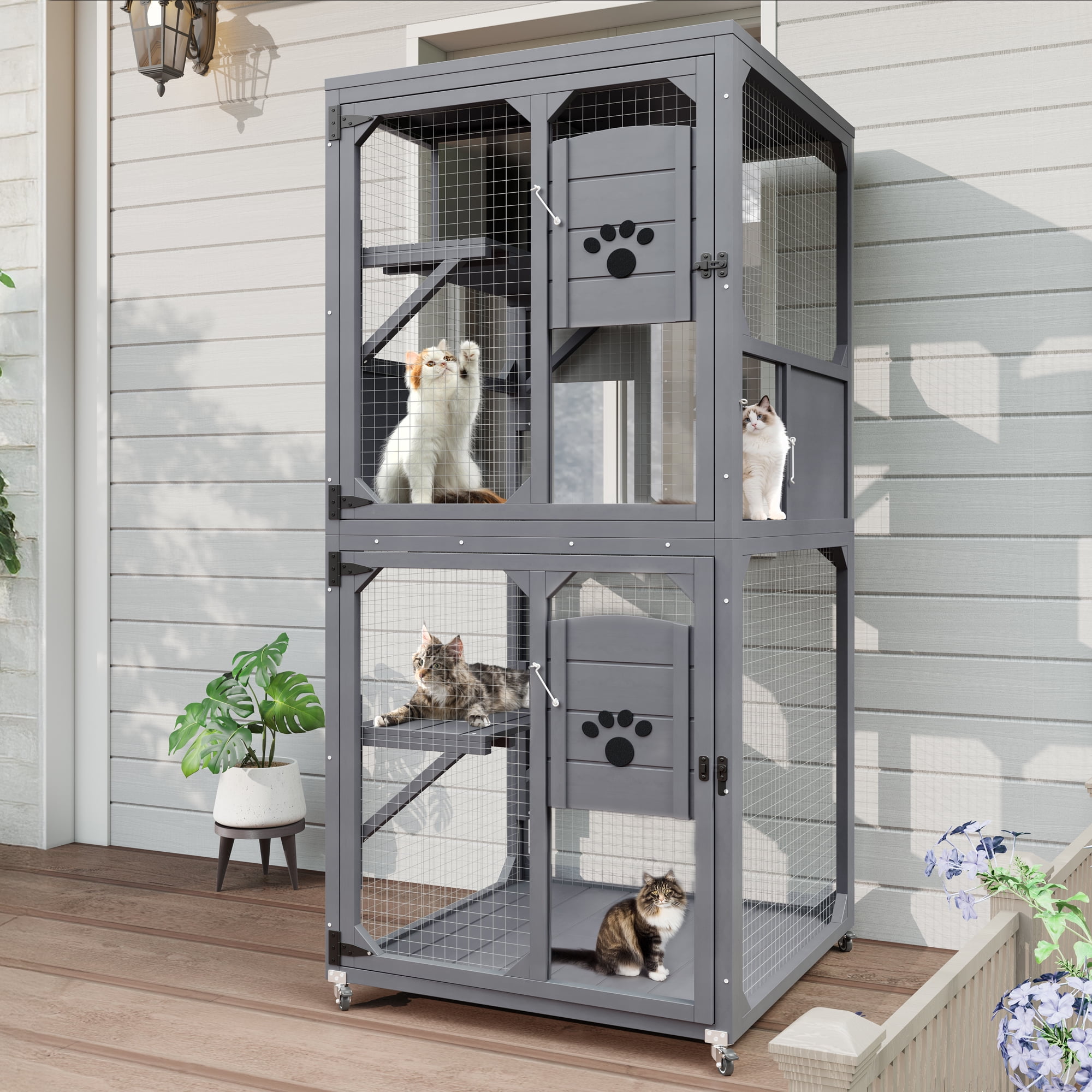 imerelez Catio Outdoor Cat Enclosure Window Access, 4 Tiers Cat House with Wheels, Resting Box & Waterproof Roof, Indoor Large Cat House Cage, Gray