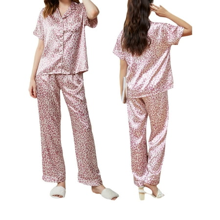 

Tsseiatte Women’s 2 Piece Pajamas Set Classic Leopard Print Short Sleeve Button Up Shirt Pants Set