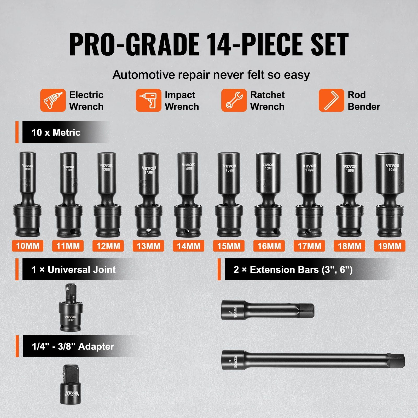 6-Point 3/8in Drive 360° Swivel Impact Socket Set, 14pcs - Auto Repair Essential