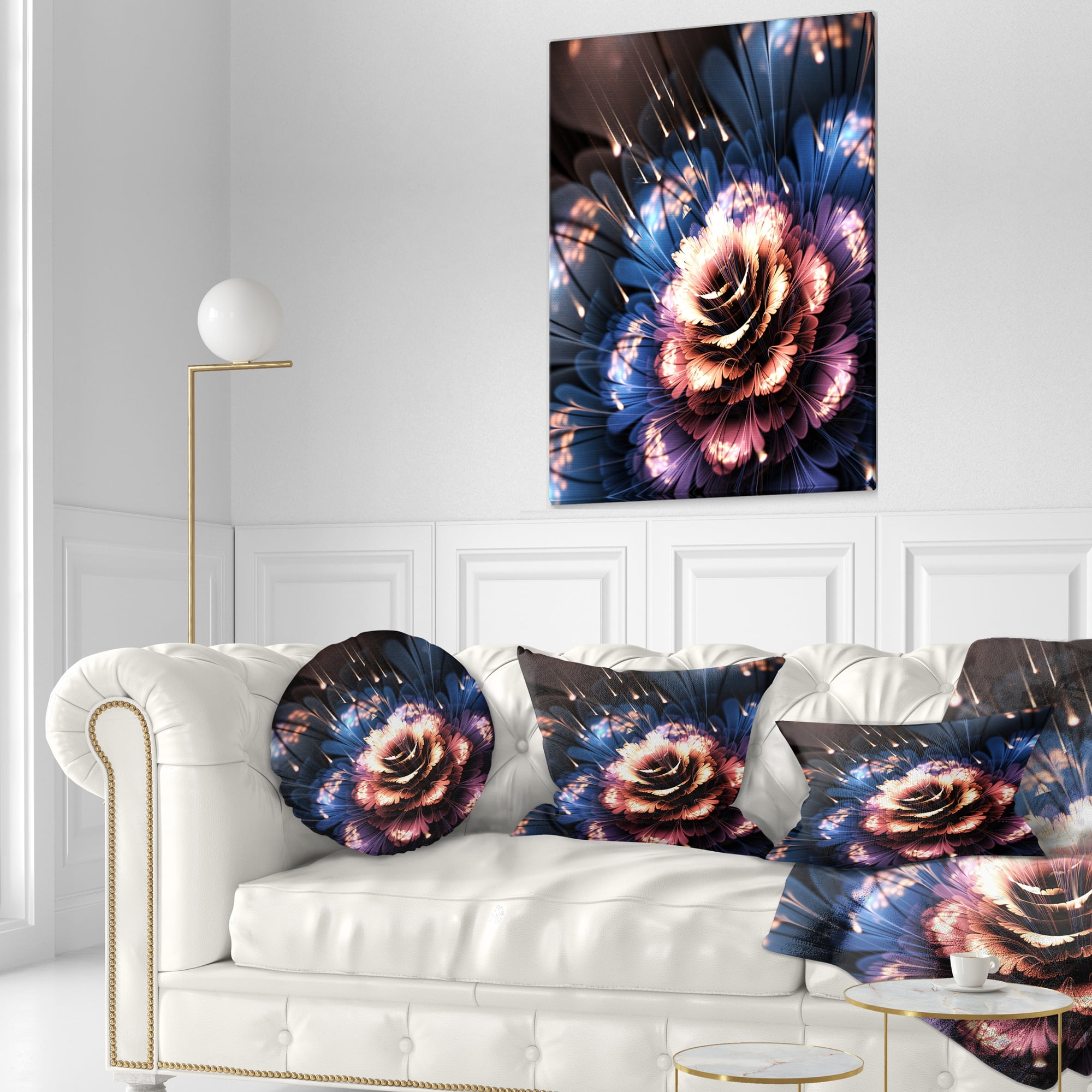 Designart Fractal Flower Orange and Blue - Floral Throw Pillow - 12x20