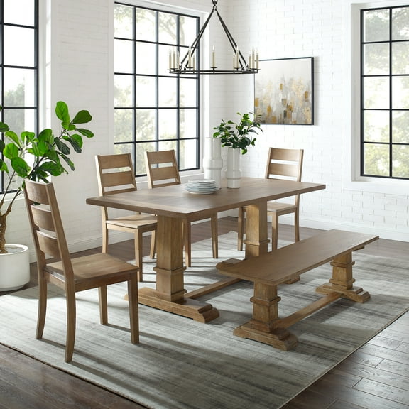 Farmhouse Dining Set - 6 Piece Table, Chairs & Bench - Rustic Brown Kitchen Set