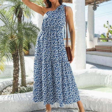 EQWLJWE Women's Spaghetti Dress Women's Boho Summer One Shoulder Sleeveless Lacing Flowy Tiered Party Dress Beach Maxi Dress Holidy Clearance