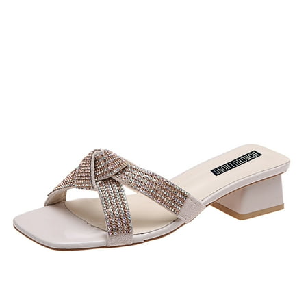 

WANYNG Women Fashion Summer Rhinestone Leather Thick High Heel Sandals And Slippers Womens Wedge Shoes And Sandals Barefoot Running Sandals for Women