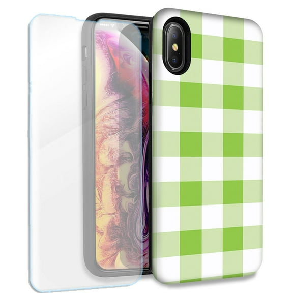 Mundaze Green White Plaid Double Layer Case w/Glass Screen Protector For Apple iPhone XS Max