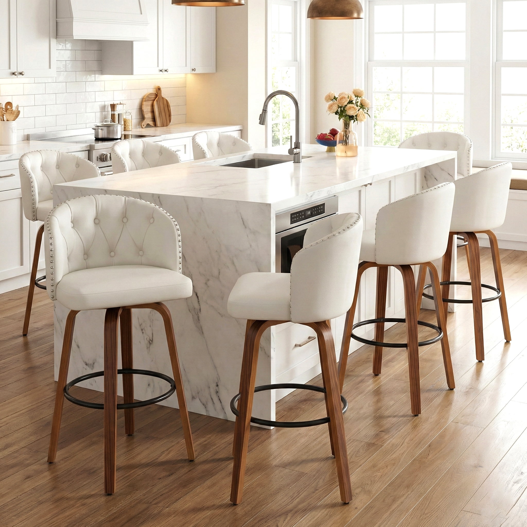 Fahomiss 28" Swivel Bar Stools with Back Set of 6, Leather Farmhouse Bar Height Stools, White