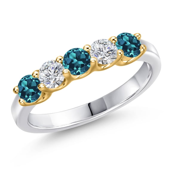 Gem Stone King 10K Two Tone Gold London Blue Topaz and Lab Grown Diamond Wedding-Bands Ring for Women | 1.00 Cttw | Round 3.5MM | Gemstone November Birthstone | Size 9