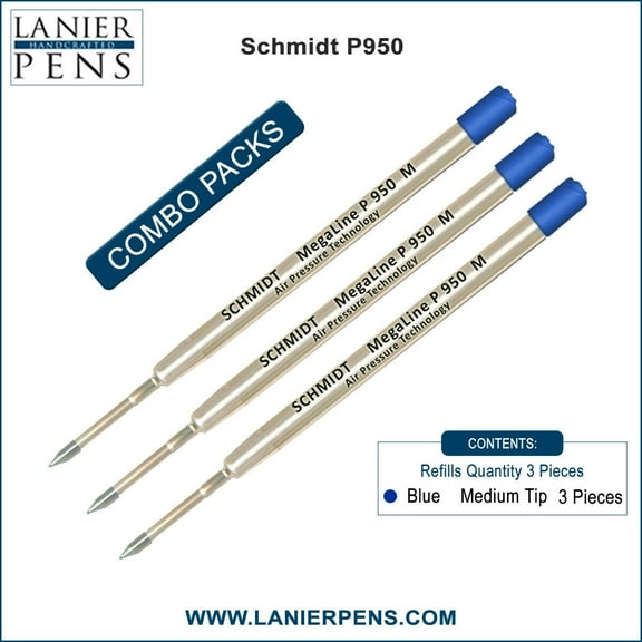 3X Schmidt P950 M MegaLine Pressurized Ballpoint Refill Blue Ink Medium Tip