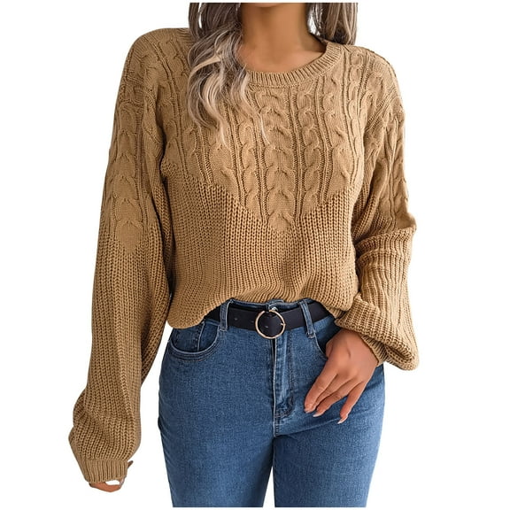 Odeerbi Solid Color Cable Knit Sweater For Women Winter Puff Sleeve Pullover Sweater 2025 Fashion Long Sleeves Round Neck Loose Sweater Tops Blouse Khaki