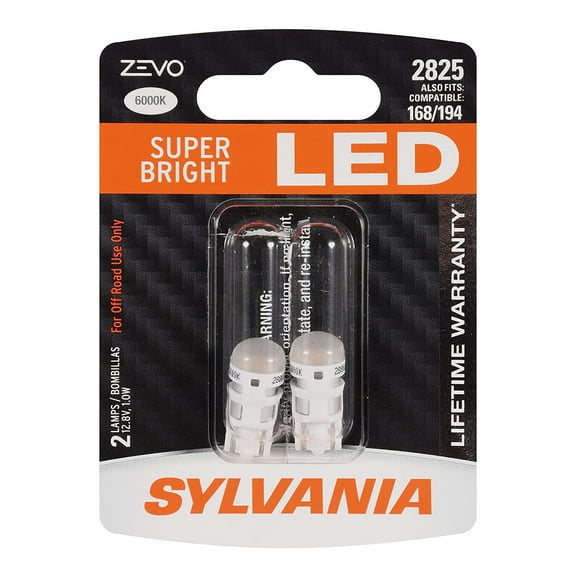 Sylvania Zevo 2825 T10 LED W5W Interior Exterior Light Bulb Set, White (2 Pack)