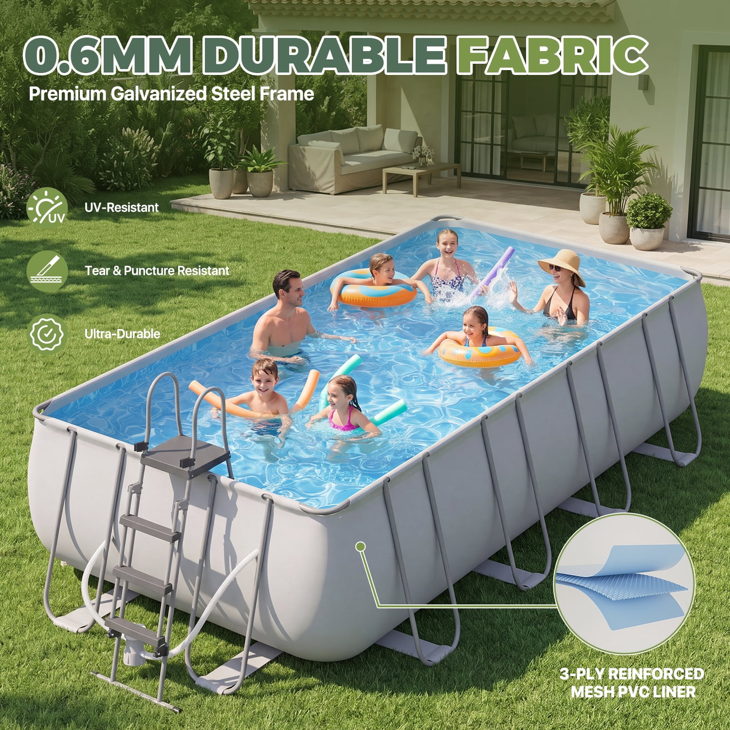 BaPiPro 18' U-Frame Swimming Pool, Gray, Thickened PVC Liner, with Filter Pump, Removable Ladder & Pool Cover, Spacious for Multiple People, Perfect for Parties and Daily Summer Use