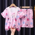 thumbnail image 1 of Conjunto de pijama con estampado de dibujos animados para niños y adultos, camisa de manga corta con lazo, Camiseta con estampado de My Melody Kuromi, ropa de verano para el hogar qiuyongming unisex, 1 of 2