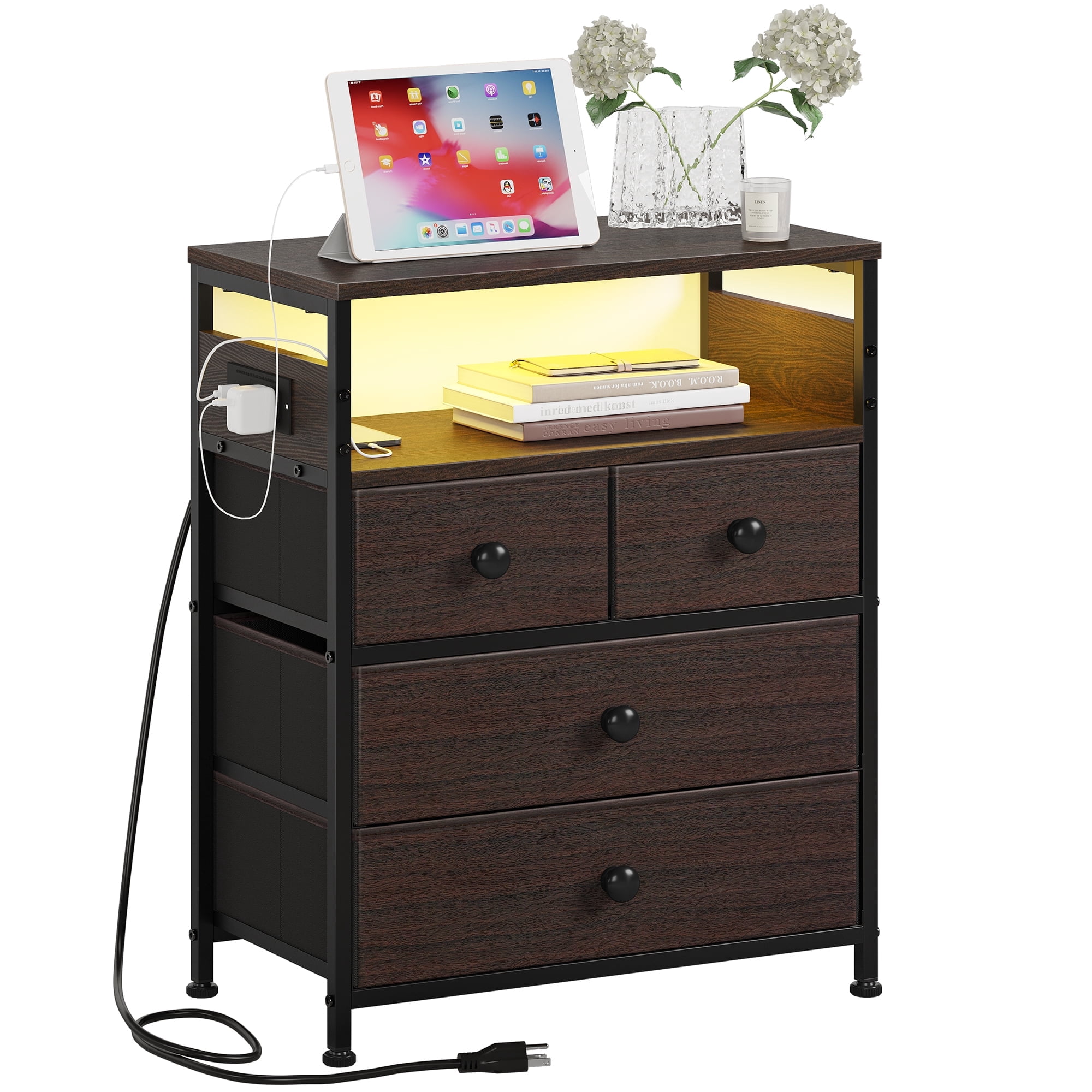 GUNAITO Led Nightstand with 4 Drawers Bedside Table with Charging Station Wide End Table with Storage Shelf for Living Room,Brown