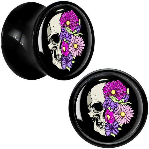 Body Candy 00 Gauge Floral Flowers Skull Black Acrylic Saddle Plug Set of 2pc