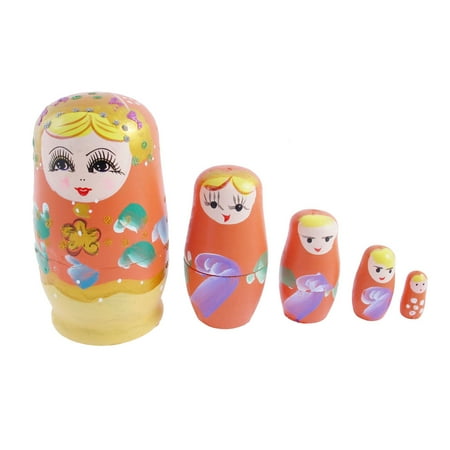 Unique Bargains Russian Babushka Hand Painted Stacking Nesting Matryoshka Doll Orange 5 in 1