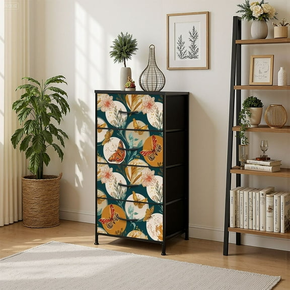 4 Drawer Vertical Storage Dresser Retro floral butterflies herbs Contemporary composition with Wood Top Fabric Pull Drawers