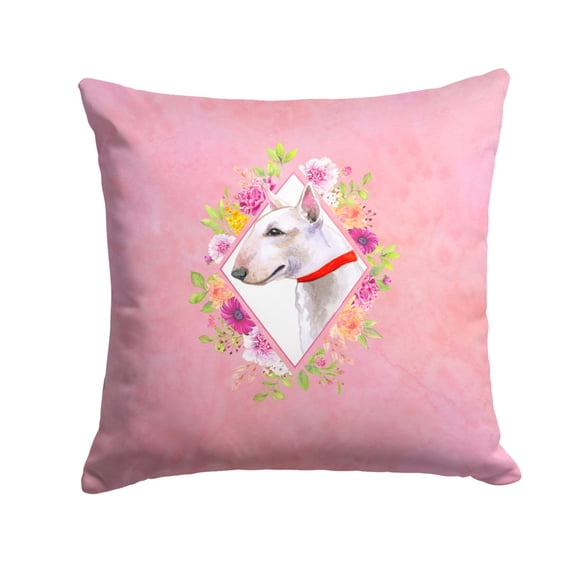 Carolines Treasures CK4124PW1414 Bull Terrier Pink Flowers Fabric Decorative Pillow  14Hx14W multicolor