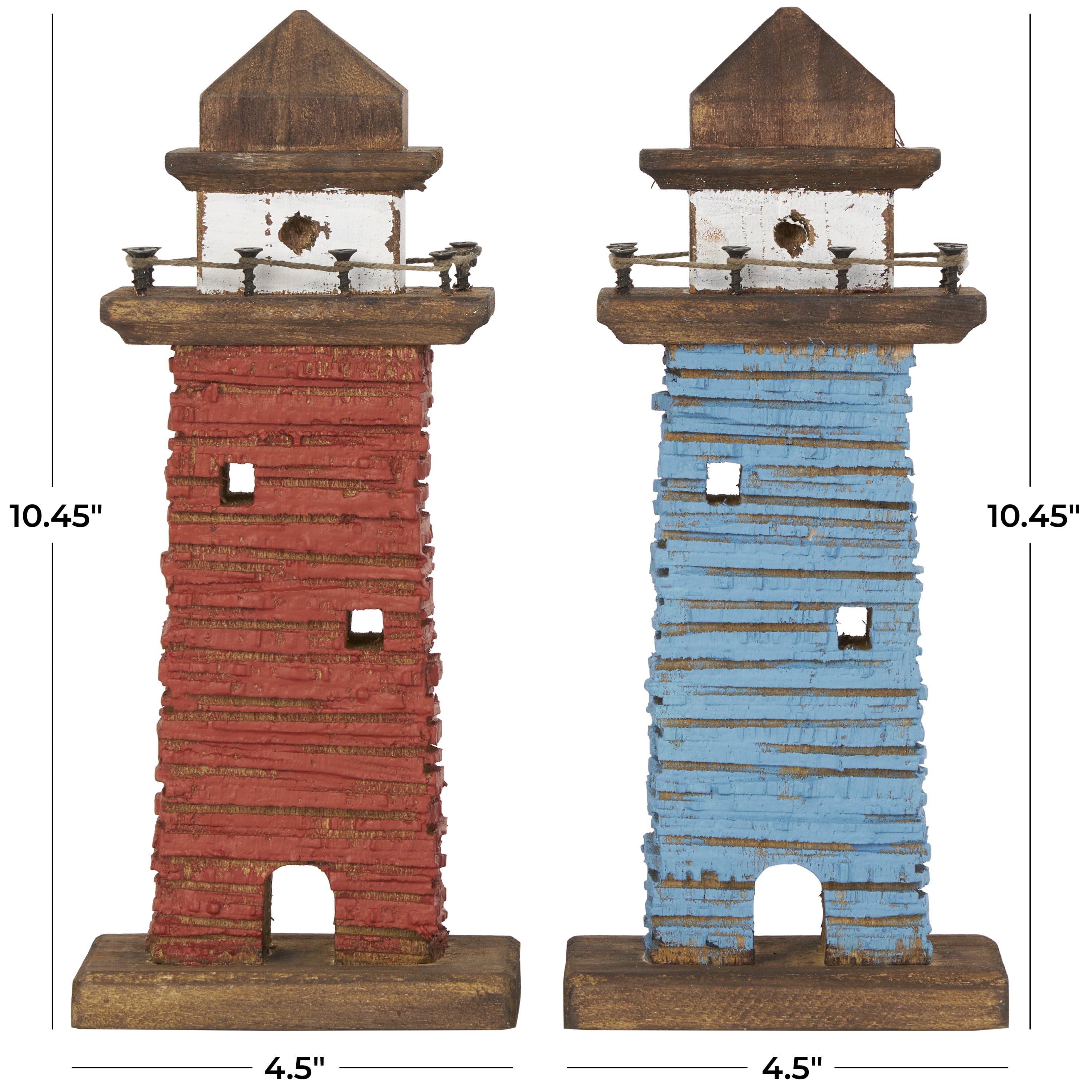 5"W, 10"H Red Wood Distressed Light House Sculpture with Blue and Brown Accents, by DecMode (2 Count)