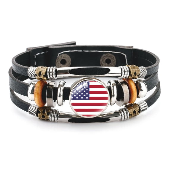 Uijokdef Country Flag Leather Bracelet, Multi-Layer Black Cowhide Design, 7.87 Inches