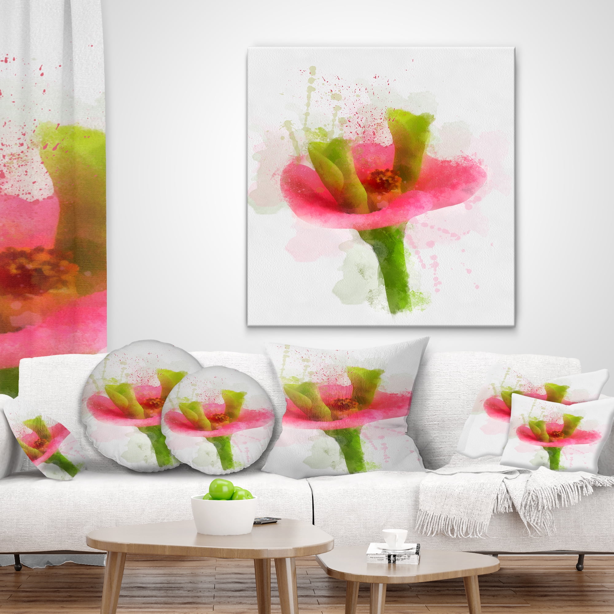 Designart Green Red Flower Sketch Watercolor - Floral Throw Pillow - 12x20