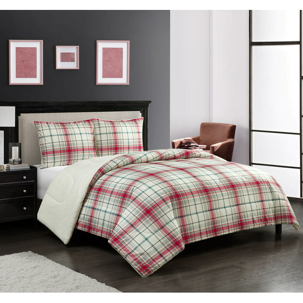 Soft Sherpa 3 Piece Comforter Set, Red Plaid Flannel Duvet Cover King Size
