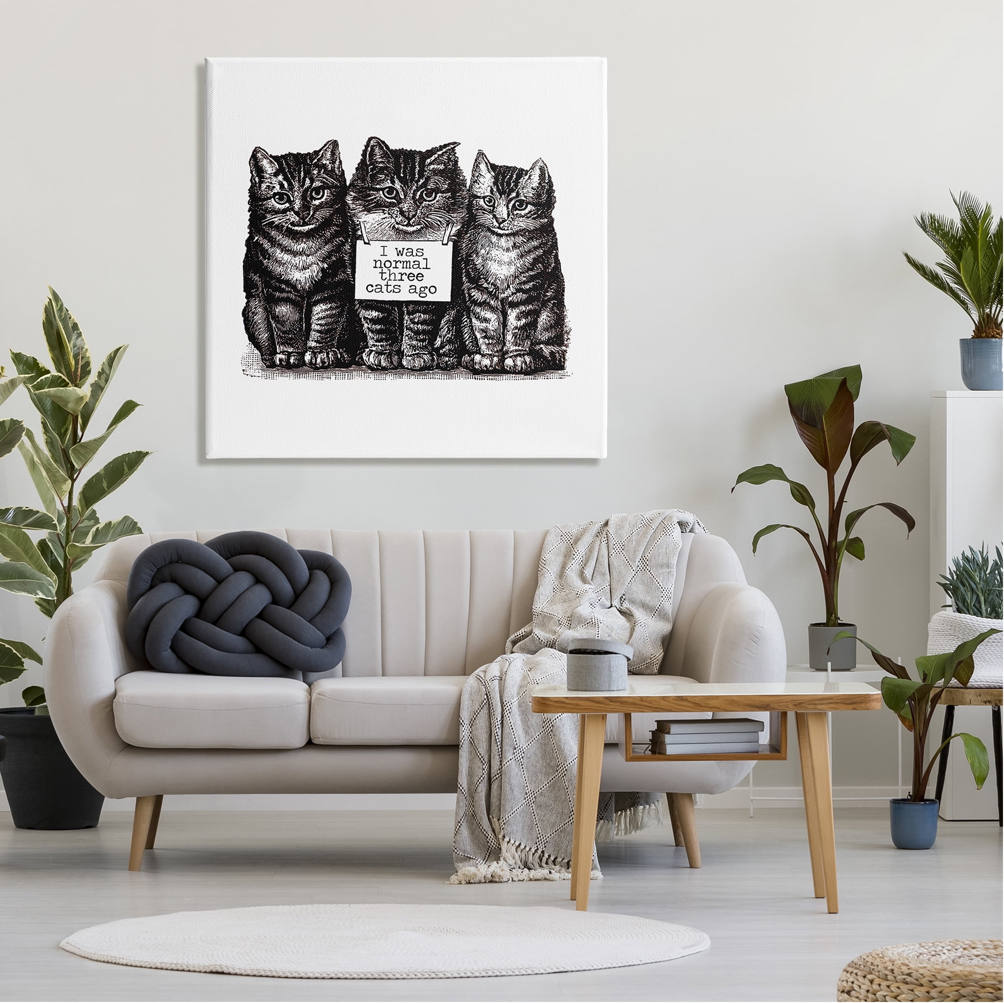 Normal Three Cats Ago Phrase Monochrome Sign Animals & Insects Drawing Print Gallery-Wrapped Canvas Print Wall Art