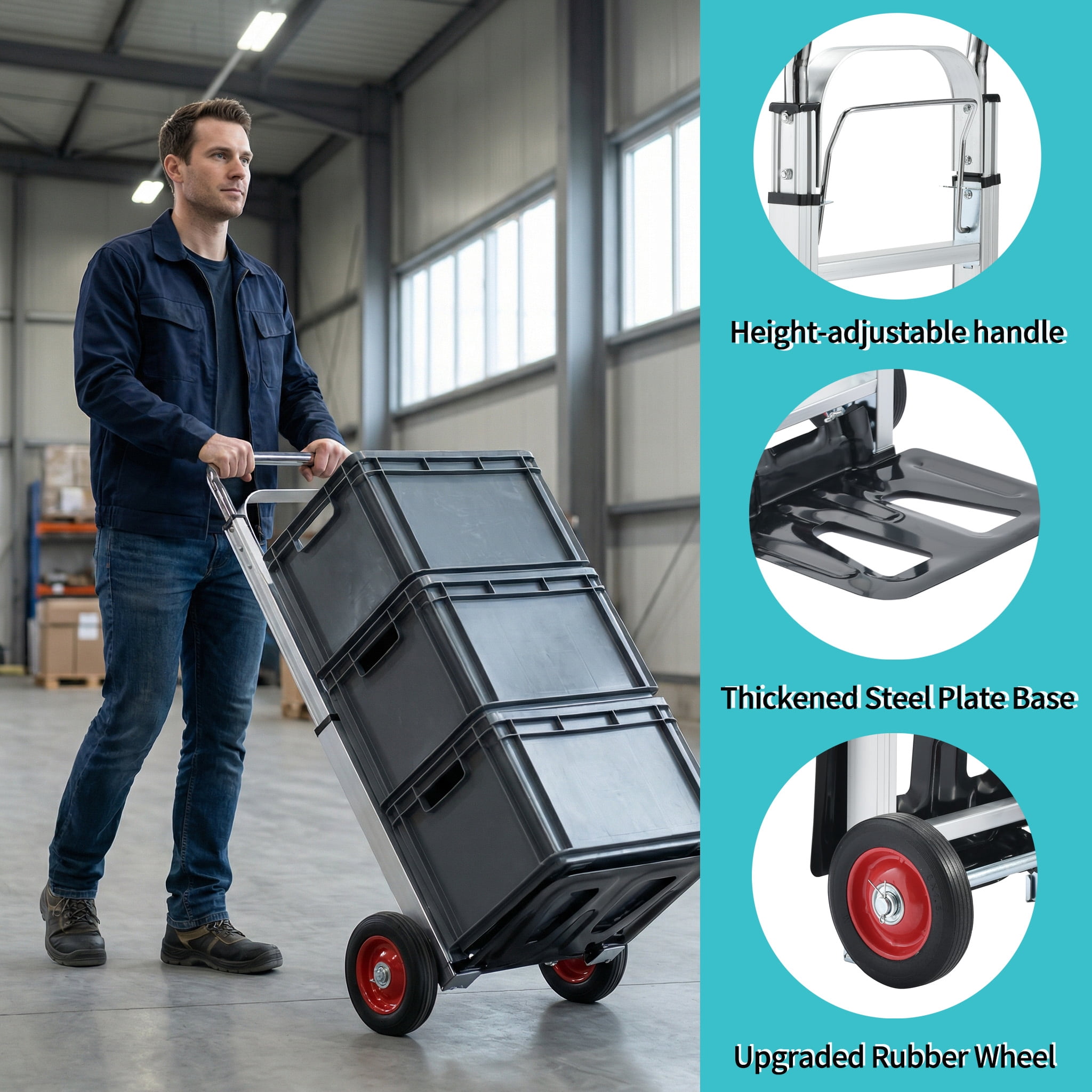 Takira Folding Hand Truck, Aluminum Construction with 6 inch Rubber Wheels for Moving Boxes,Delivery