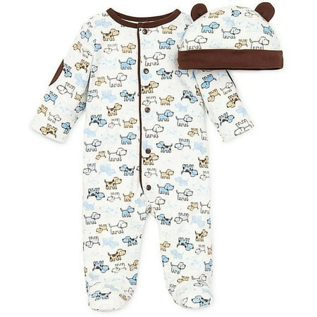 UPC: 0883953474445 | Little Me Preemie 2-Piece Cute Puppies Footie and Hat Set in Ivory/Brown